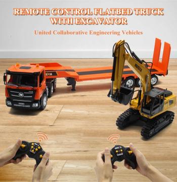 HuiNa Toys 1319 RTR 1/18 2.4G 9CH RC Car Excavator Flat Trailer Flatbed Semi Truck Remote Control Simulation Sound LED Light Engineering Construction Vehicles Models Children's Birthday Gift for Boys